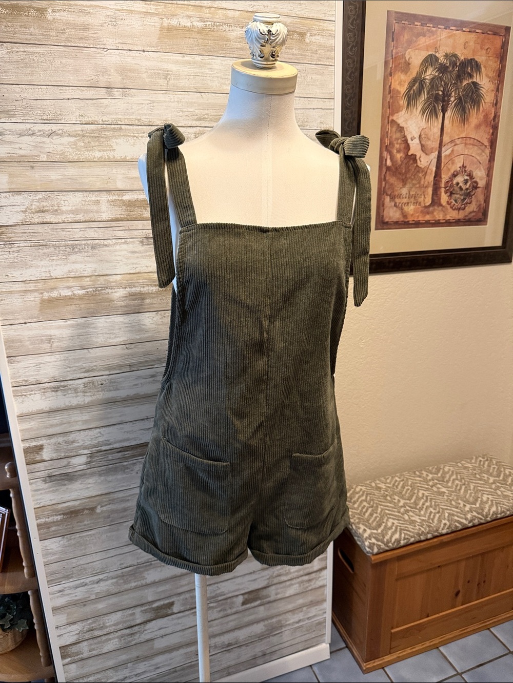 Olive corduroy short jumper romper adjustable tie straps front pockets small